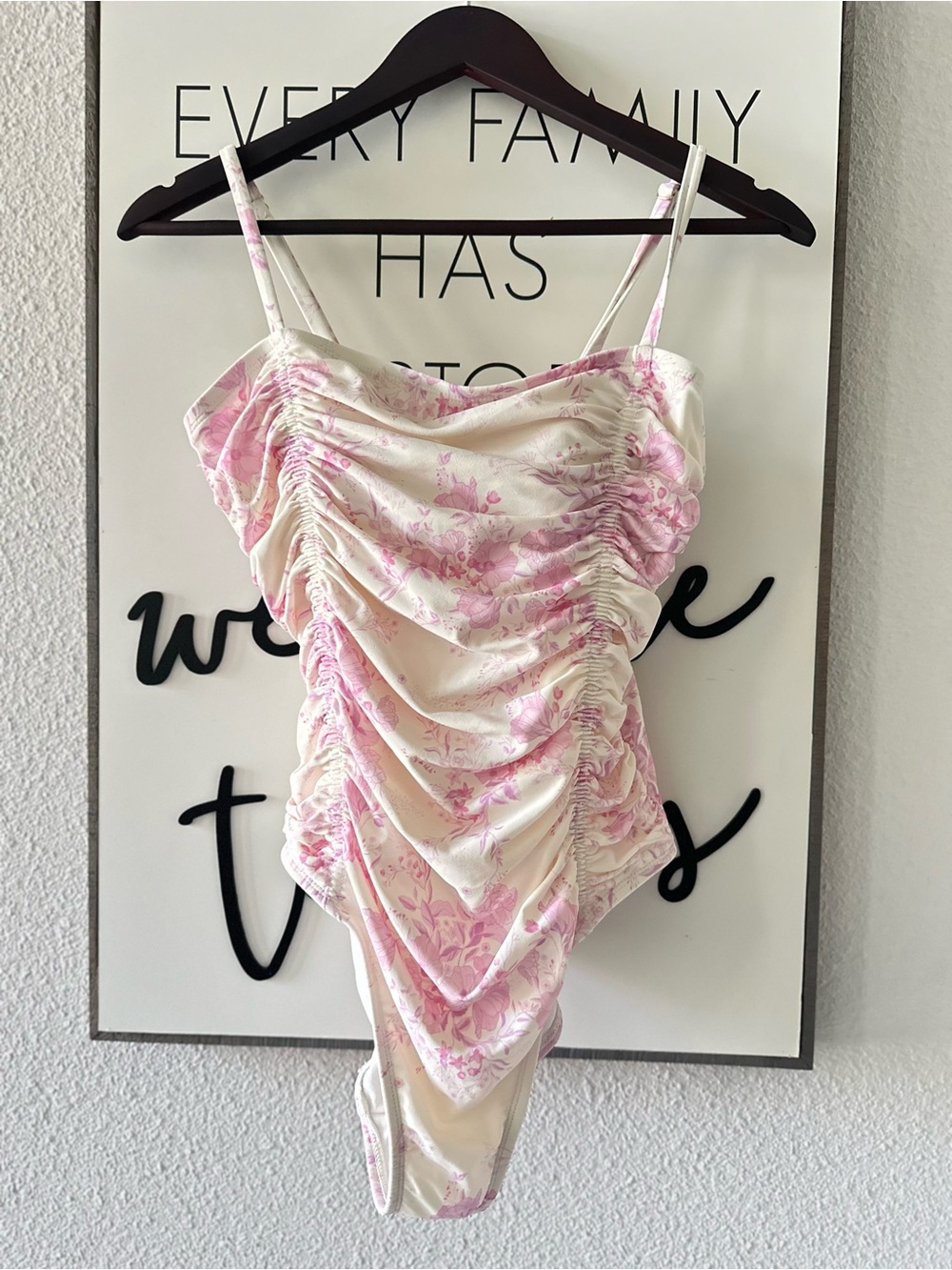 Shade & Shore Cream and Pink Floral Ruched Cami Bodysuit
